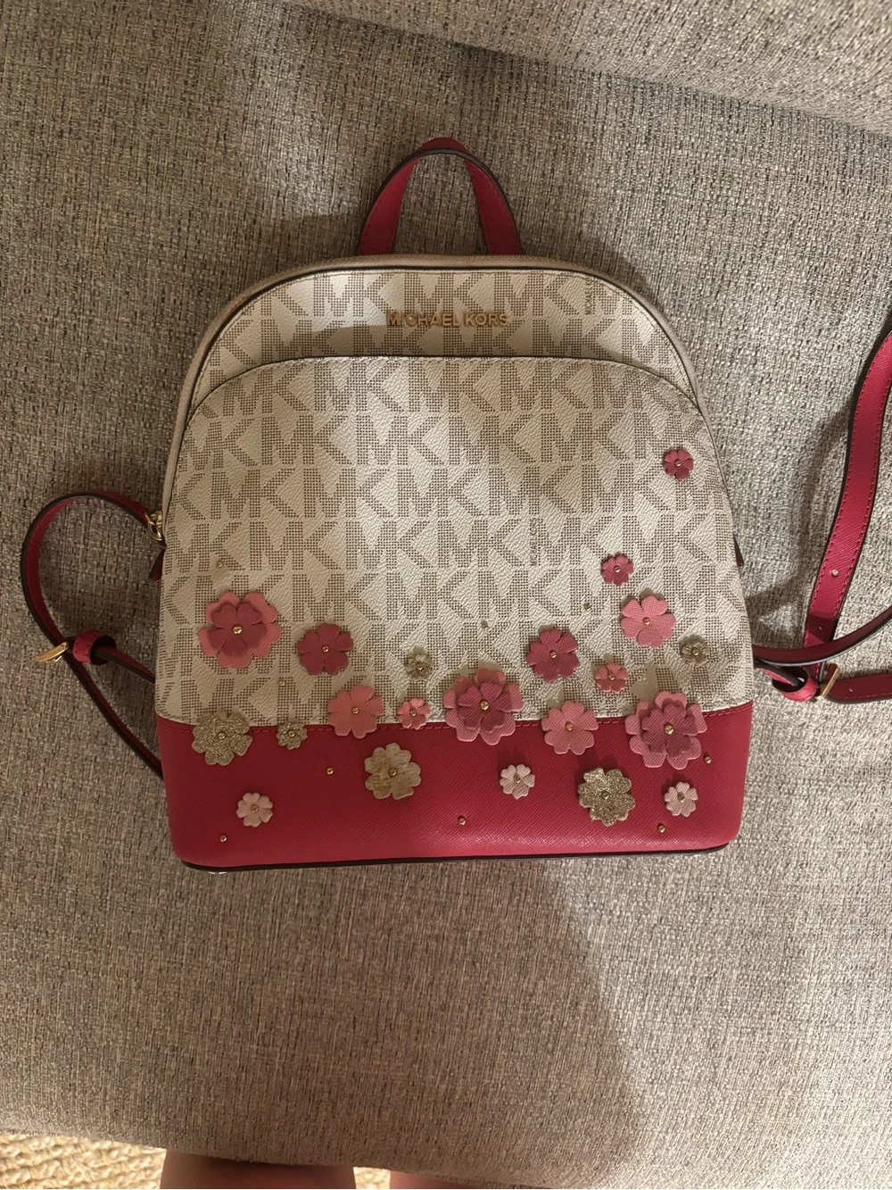 Michael Kors Beige MK Logo Backpack with Pink Floral Trim